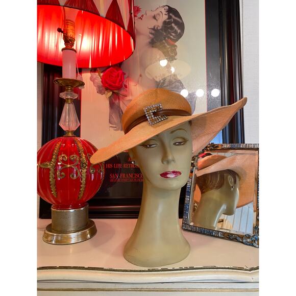 vintage 1960s wide brim straw hat Mr John natural 40s style cartwheel 60s summer - Picture 1 of 12